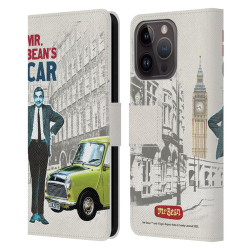 Mr. Bean London Art With Car Leather Book Wallet Case Cover For Apple iPhone 15 Pro