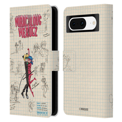 Miraculous Ladybug Sketches Ladybug And Cat Noir Leather Book Wallet Case Cover For Google Pixel 8