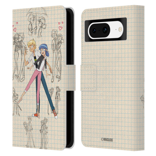 Miraculous Ladybug Sketches Marinette And Adrien Leather Book Wallet Case Cover For Google Pixel 8