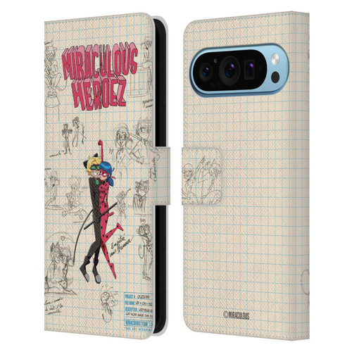 Miraculous Ladybug Sketches Ladybug And Cat Noir Leather Book Wallet Case Cover For Google Pixel 9 / Pixel 9 Pro