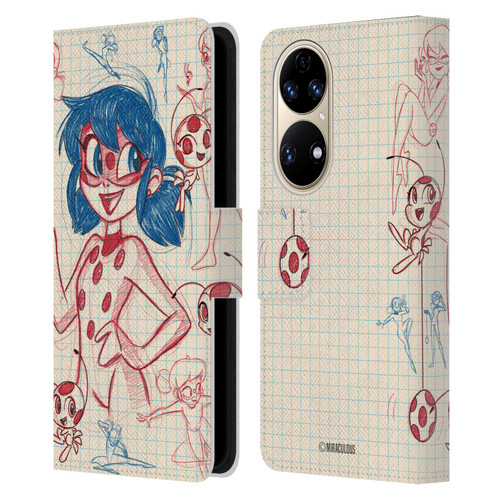 Miraculous Ladybug Sketches Ladybug Leather Book Wallet Case Cover For Huawei P50