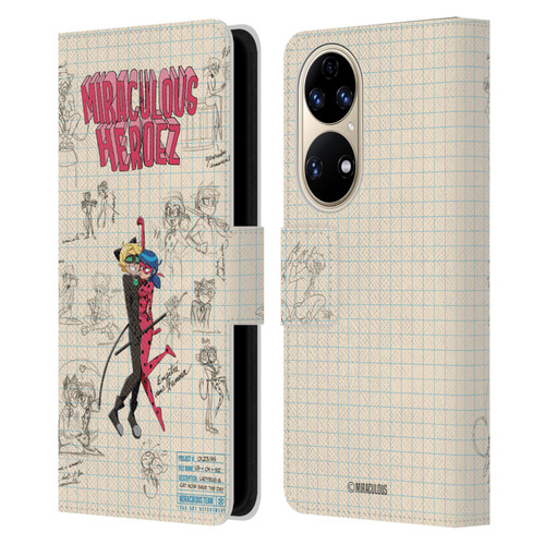 Miraculous Ladybug Sketches Ladybug And Cat Noir Leather Book Wallet Case Cover For Huawei P50