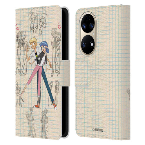 Miraculous Ladybug Sketches Marinette And Adrien Leather Book Wallet Case Cover For Huawei P50
