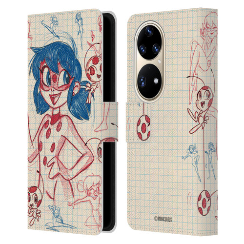 Miraculous Ladybug Sketches Ladybug Leather Book Wallet Case Cover For Huawei P50 Pro