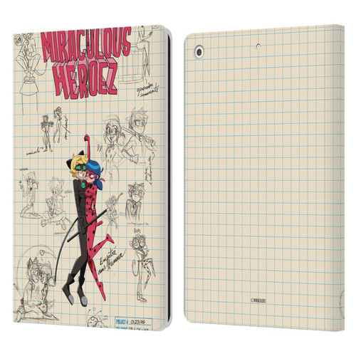 Miraculous Ladybug Sketches Ladybug And Cat Noir Leather Book Wallet Case Cover For Apple iPad 10.2 2019/2020/2021