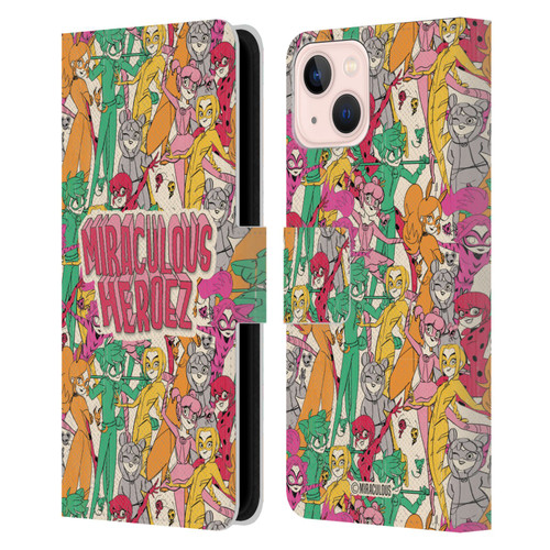 Miraculous Ladybug Sketches Heroes Pattern Leather Book Wallet Case Cover For Apple iPhone 13
