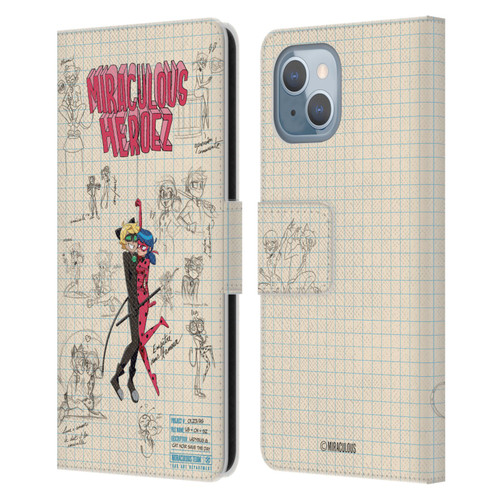 Miraculous Ladybug Sketches Ladybug And Cat Noir Leather Book Wallet Case Cover For Apple iPhone 14