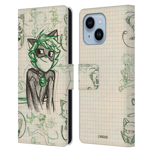 Miraculous Ladybug Sketches Cat Noir Leather Book Wallet Case Cover For Apple iPhone 14 Plus
