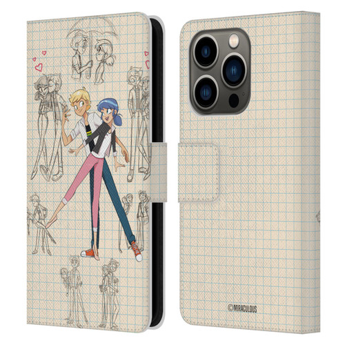 Miraculous Ladybug Sketches Marinette And Adrien Leather Book Wallet Case Cover For Apple iPhone 14 Pro