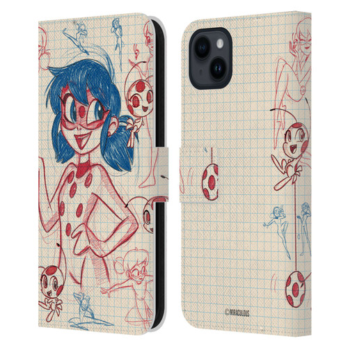 Miraculous Ladybug Sketches Ladybug Leather Book Wallet Case Cover For Apple iPhone 15 Plus