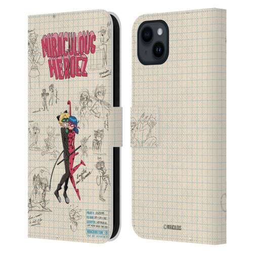 Miraculous Ladybug Sketches Ladybug And Cat Noir Leather Book Wallet Case Cover For Apple iPhone 15 Plus