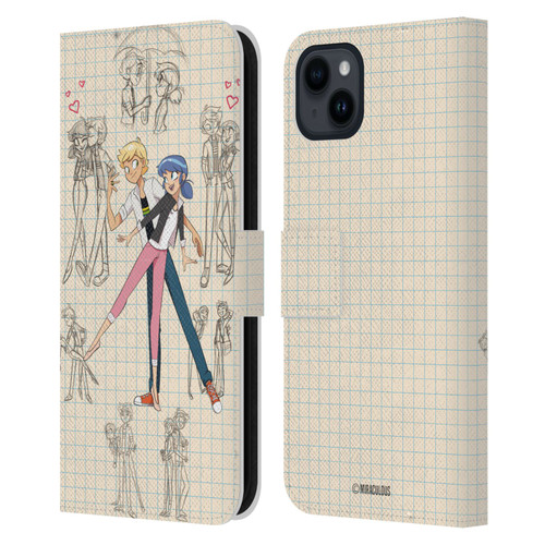 Miraculous Ladybug Sketches Marinette And Adrien Leather Book Wallet Case Cover For Apple iPhone 15 Plus