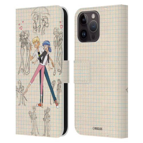 Miraculous Ladybug Sketches Marinette And Adrien Leather Book Wallet Case Cover For Apple iPhone 15 Pro Max
