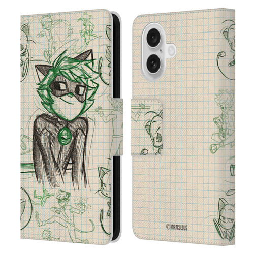 Miraculous Ladybug Sketches Cat Noir Leather Book Wallet Case Cover For Apple iPhone 16