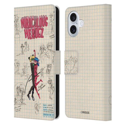 Miraculous Ladybug Sketches Ladybug And Cat Noir Leather Book Wallet Case Cover For Apple iPhone 16 Plus