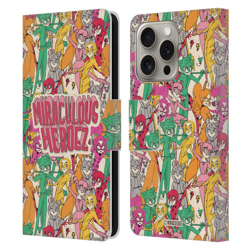 Miraculous Ladybug Sketches Heroes Pattern Leather Book Wallet Case Cover For Apple iPhone 16 Pro