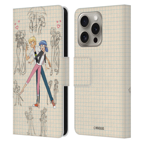 Miraculous Ladybug Sketches Marinette And Adrien Leather Book Wallet Case Cover For Apple iPhone 16 Pro