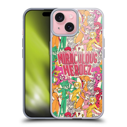 Miraculous Ladybug Sketches Heroes Pattern Soft Gel Case for Apple iPhone 15