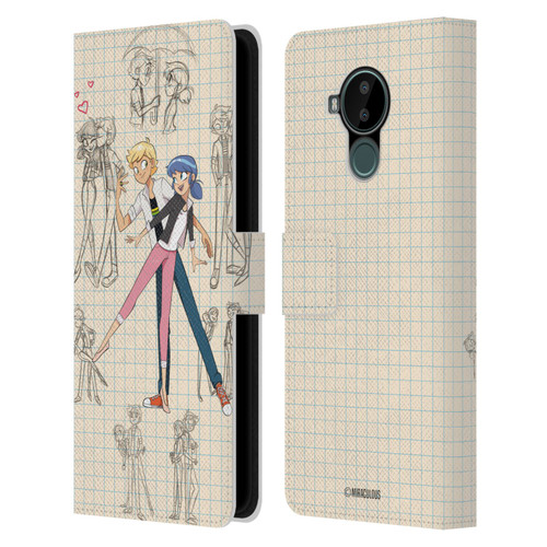 Miraculous Ladybug Sketches Marinette And Adrien Leather Book Wallet Case Cover For Nokia C30