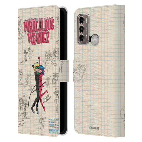 Miraculous Ladybug Sketches Ladybug And Cat Noir Leather Book Wallet Case Cover For Motorola Moto G60 / Moto G40 Fusion
