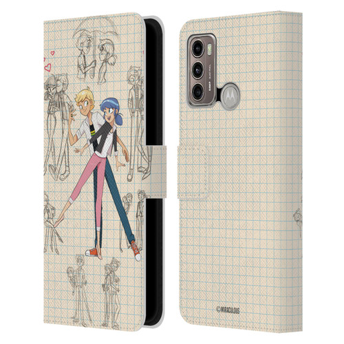 Miraculous Ladybug Sketches Marinette And Adrien Leather Book Wallet Case Cover For Motorola Moto G60 / Moto G40 Fusion