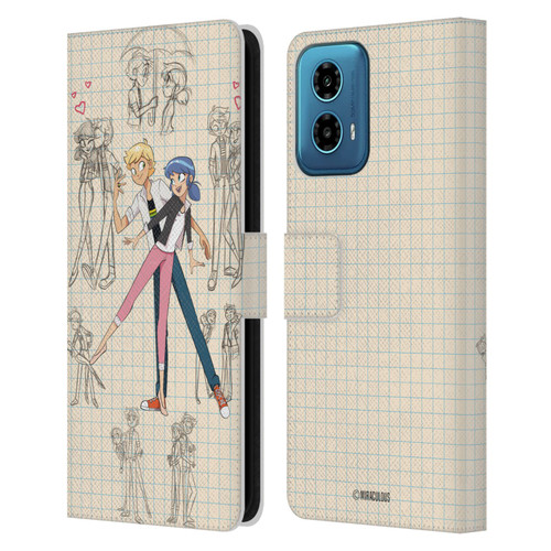 Miraculous Ladybug Sketches Marinette And Adrien Leather Book Wallet Case Cover For Motorola Moto G34 5G