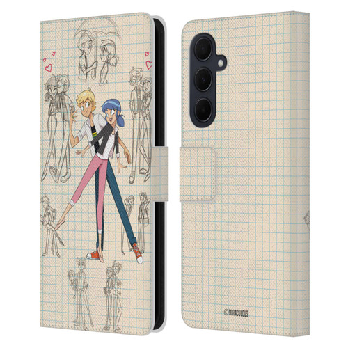 Miraculous Ladybug Sketches Marinette And Adrien Leather Book Wallet Case Cover For Samsung Galaxy A35 5G