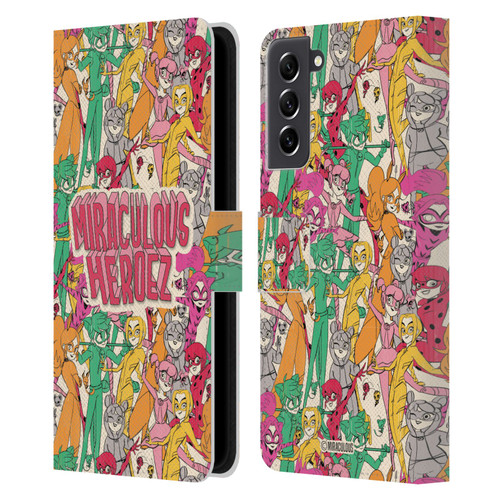 Miraculous Ladybug Sketches Heroes Pattern Leather Book Wallet Case Cover For Samsung Galaxy S21 FE 5G