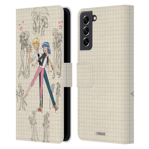Miraculous Ladybug Sketches Marinette And Adrien Leather Book Wallet Case Cover For Samsung Galaxy S21 FE 5G