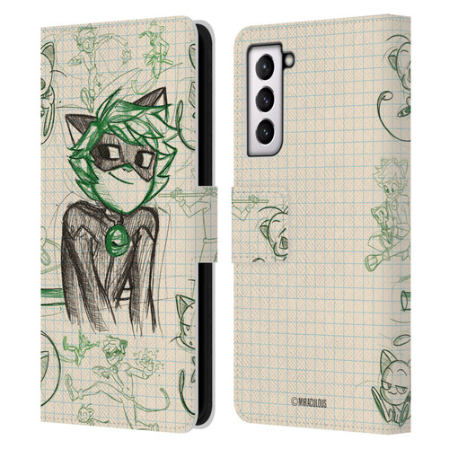 Miraculous Ladybug Sketches Cat Noir Leather Book Wallet Case Cover For Samsung Galaxy S21 5G