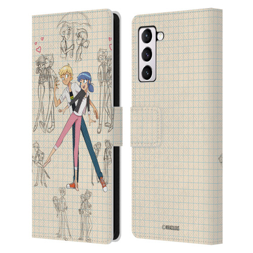 Miraculous Ladybug Sketches Marinette And Adrien Leather Book Wallet Case Cover For Samsung Galaxy S21+ 5G