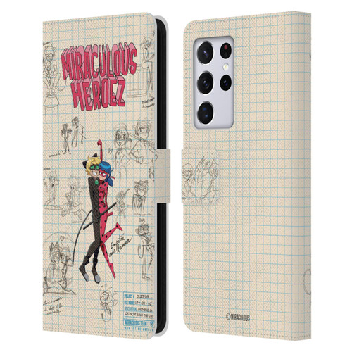 Miraculous Ladybug Sketches Ladybug And Cat Noir Leather Book Wallet Case Cover For Samsung Galaxy S21 Ultra 5G