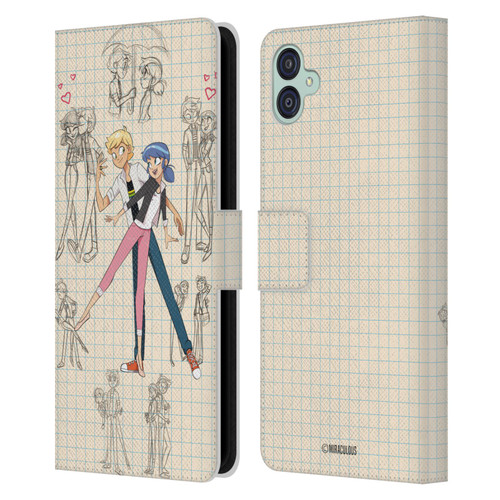 Miraculous Ladybug Sketches Marinette And Adrien Leather Book Wallet Case Cover For Samsung Galaxy M04 5G / A04e