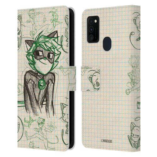 Miraculous Ladybug Sketches Cat Noir Leather Book Wallet Case Cover For Samsung Galaxy M30s (2019)/M21 (2020)