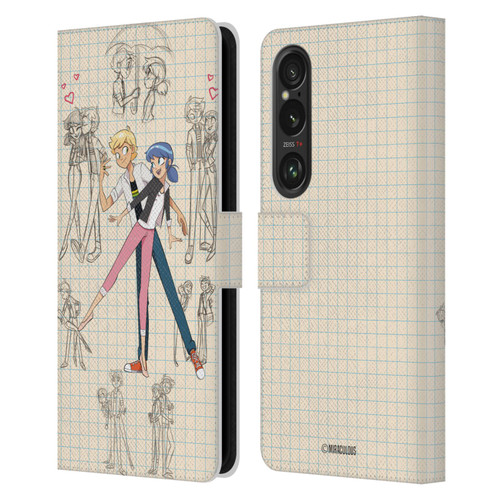Miraculous Ladybug Sketches Marinette And Adrien Leather Book Wallet Case Cover For Sony Xperia 1 VI 5G