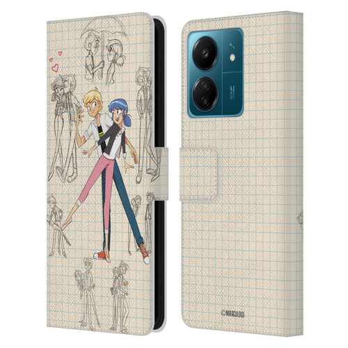 Miraculous Ladybug Sketches Marinette And Adrien Leather Book Wallet Case Cover For Xiaomi Redmi 13C 4G