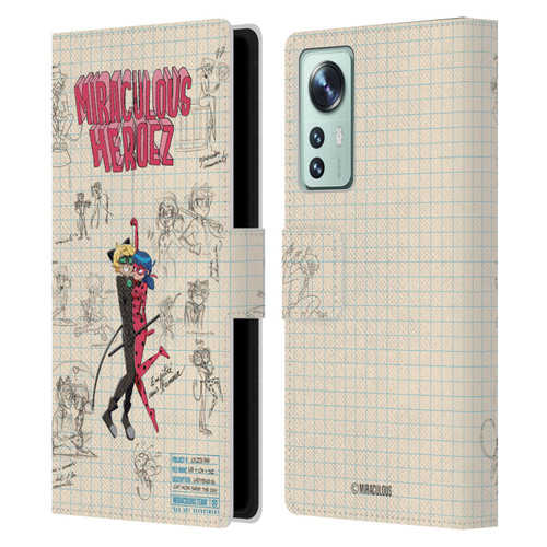 Miraculous Ladybug Sketches Ladybug And Cat Noir Leather Book Wallet Case Cover For Xiaomi 12