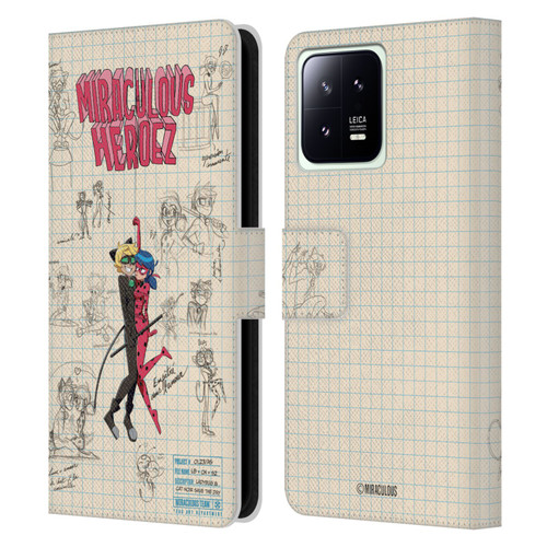 Miraculous Ladybug Sketches Ladybug And Cat Noir Leather Book Wallet Case Cover For Xiaomi 13 5G