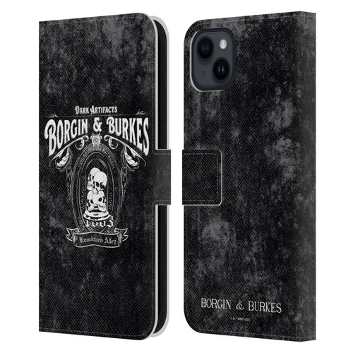 Harry Potter Locations Typography Borgin & Burkes Leather Book Wallet Case Cover For Apple iPhone 15 Plus