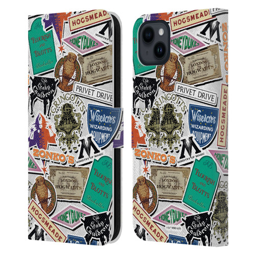 Harry Potter Locations Typography Logo Collage Leather Book Wallet Case Cover For Apple iPhone 15 Plus