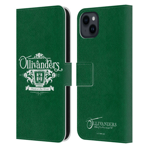 Harry Potter Locations Typography Ollivanders Leather Book Wallet Case Cover For Apple iPhone 15 Plus