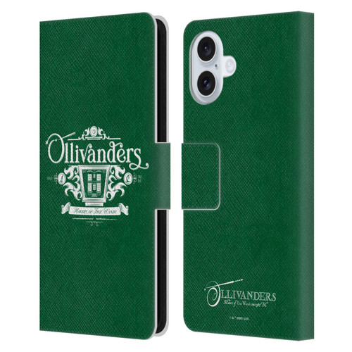 Harry Potter Locations Typography Ollivanders Leather Book Wallet Case Cover For Apple iPhone 16 Plus
