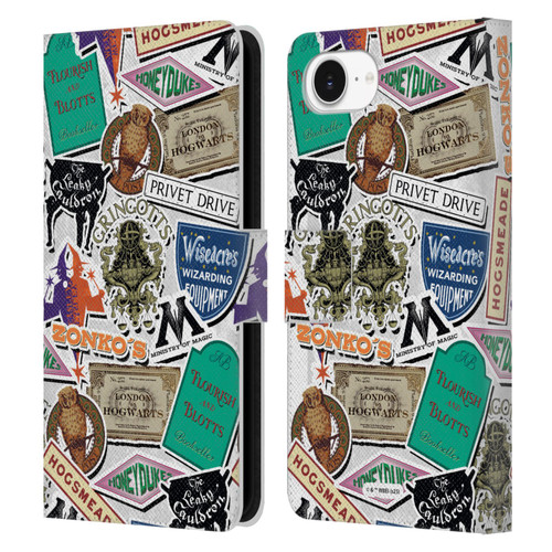 Harry Potter Locations Typography Logo Collage Leather Book Wallet Case Cover For Apple iPhone 16e