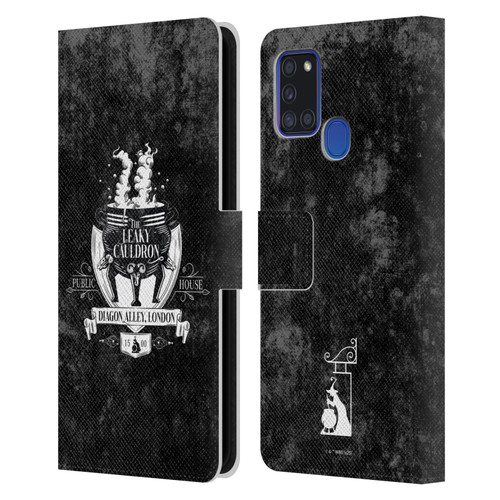 Harry Potter Locations Typography The Leaky Cauldron Leather Book Wallet Case Cover For Samsung Galaxy A21s (2020)