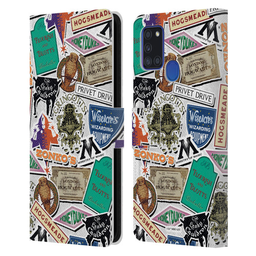 Harry Potter Locations Typography Logo Collage Leather Book Wallet Case Cover For Samsung Galaxy A21s (2020)