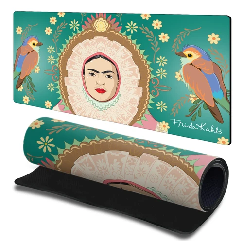Frida Kahlo Floral Art Oval Frame Birds Gaming Office Desk PC Keyboard Mouse Mat Pad 23.62 x 11.81 x 0.12 inches (600 x 300 mm) - L