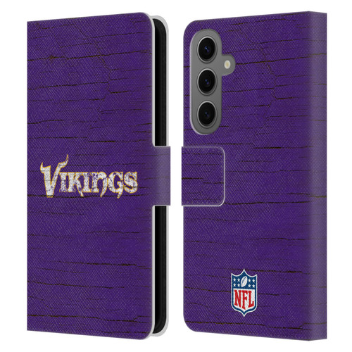 NFL Minnesota Vikings Logo Distressed Look Leather Book Wallet Case Cover For Samsung Galaxy S25