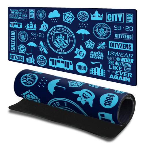 Manchester City Man City FC Crest Logo Sticker Collage Gaming Office Desk PC Keyboard Mouse Mat Pad 23.62 x 11.81 x 0.12 inches (600 x 300 mm) - L