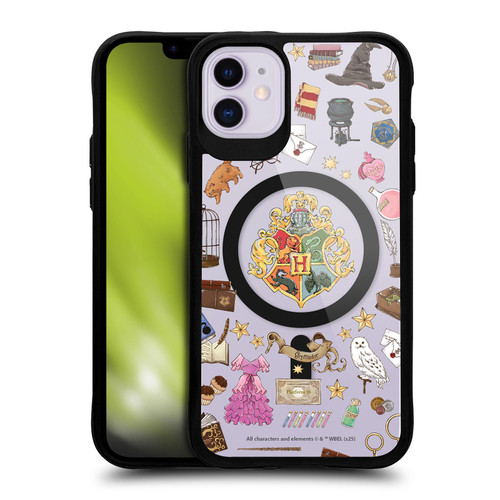 Harry Potter Magical Icons Hogwarts Pattern BLACK SHOCKPROOF BUMPER CASE COMPATIBLE WITH Apple iPhone 11 & MAGSAFE