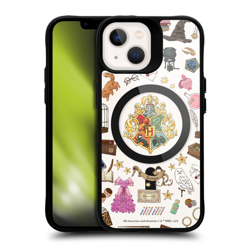 Harry Potter Magical Icons Hogwarts Pattern BLACK SHOCKPROOF BUMPER CASE COMPATIBLE WITH Apple iPhone 13 & MAGSAFE
